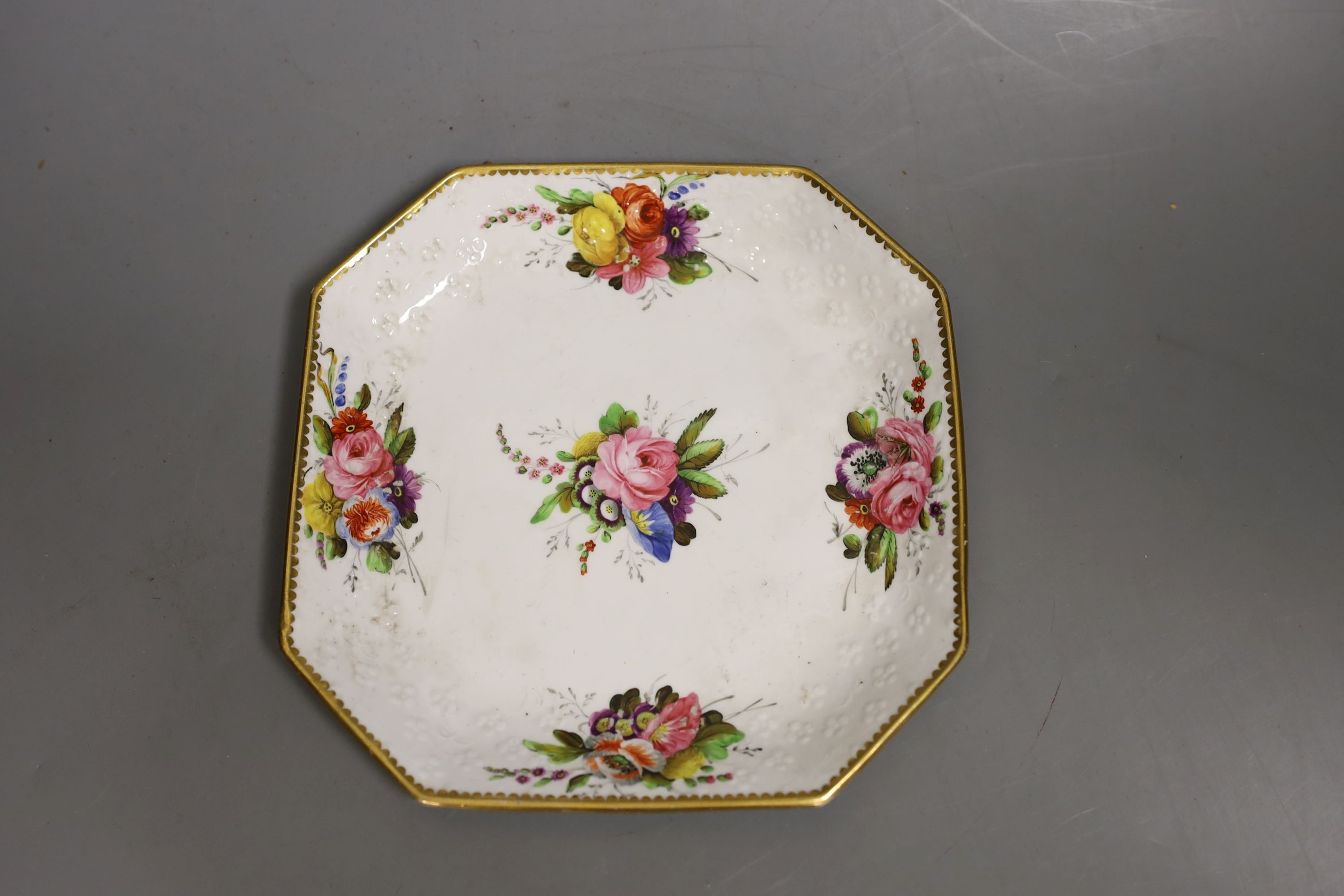 A Spode teapot cover and stand painted with flowers on a moulded body pattern 2527, c.1820, 24cm long